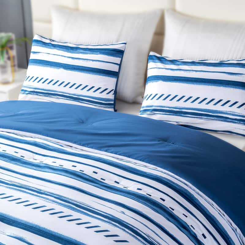 3-Piece 100% Cotton Coastal-inspired Comforter Set, Blue Striped Comforter and 2 Pillowcases for All Season - King