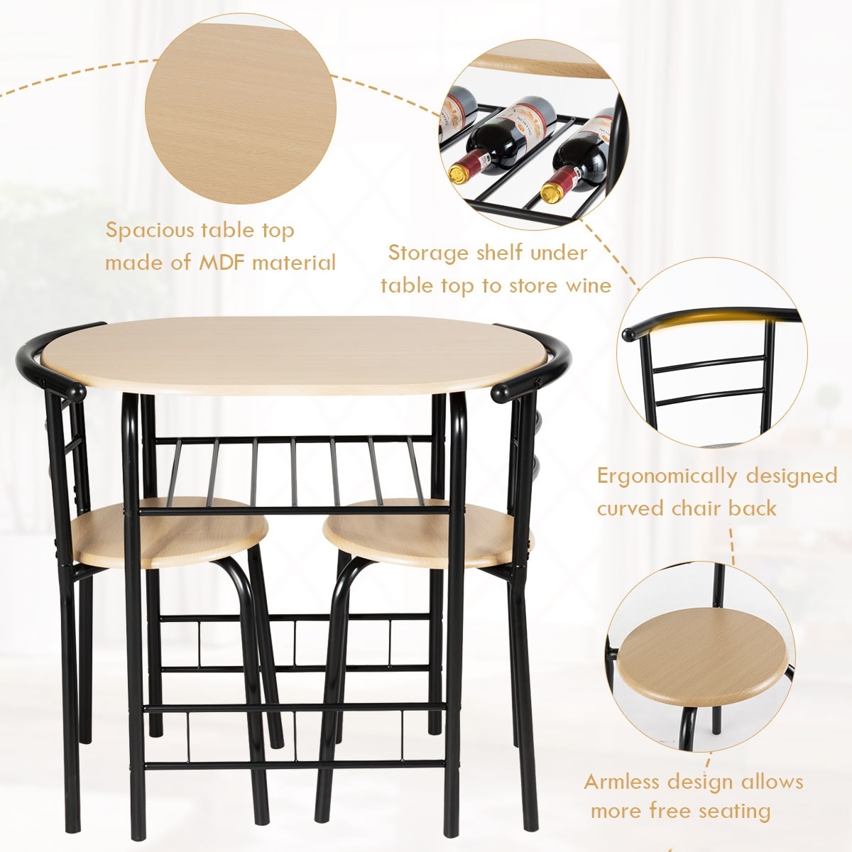 Costway 3 Piece Dining Set Compact 2 Chairs and Table Set with