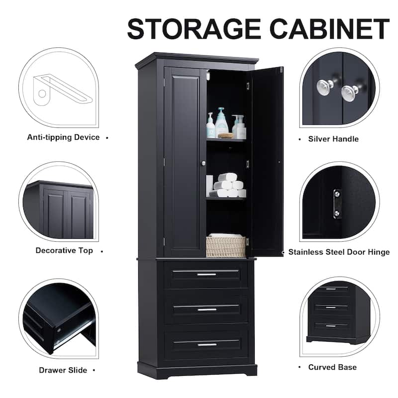 Tall Storage Cabinet with Three Drawers for Bathroom/Office, Black