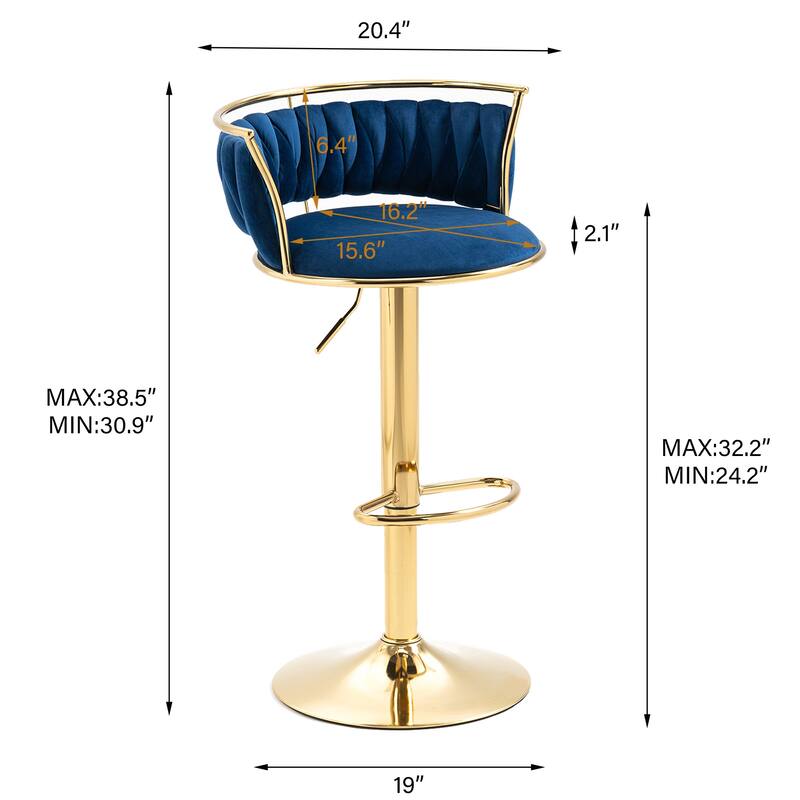 Velvet Upholstered Adjustable Bar Stool Swivel Counter Chair Set of 2