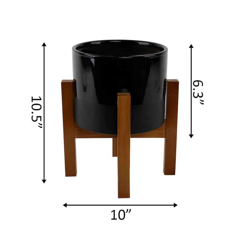 MID-CENTURY 8" Large 2-Tone Ceramic Plant Pot on Wood Stand