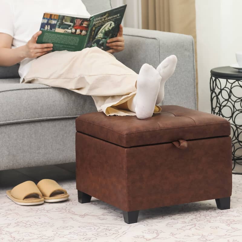 Adeco Faux Leather Tufted Flip Top Storage Ottoman