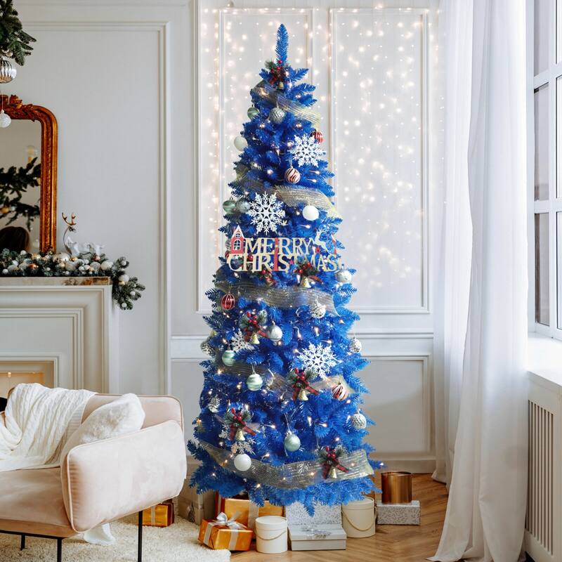 VEIKOUS Pre-Lit Artificial Christmas Tree Pencil Snow with Foldable Iron Stand with LED lights, 5.5/6.5/7.5 ft