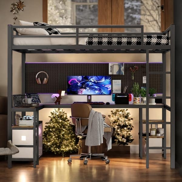 slide 2 of 13, Full XL Metal Loft Bed with Desk and Shelves, Loft with Ladder and Guardrails for Bedroom Black