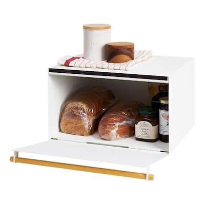 Yamazaki Home Bread Box - Two Styles, Steel and Wood, Horizontal, Holds 22.2 lbs - L 14.37 x W 16.93 x H 9.45 inches