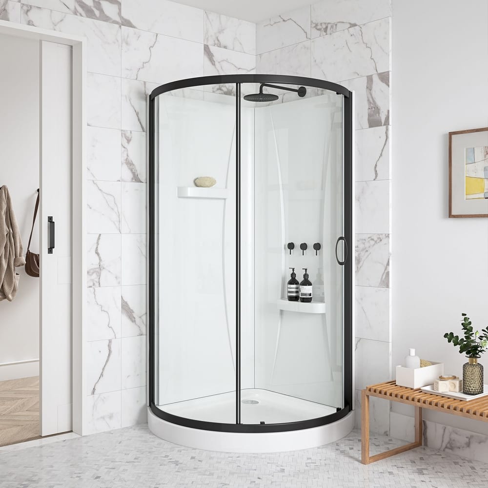 Breeze Round Corner Shower Kit with Clear Sliding Door, Acrylic Wall and Shower Base Pan