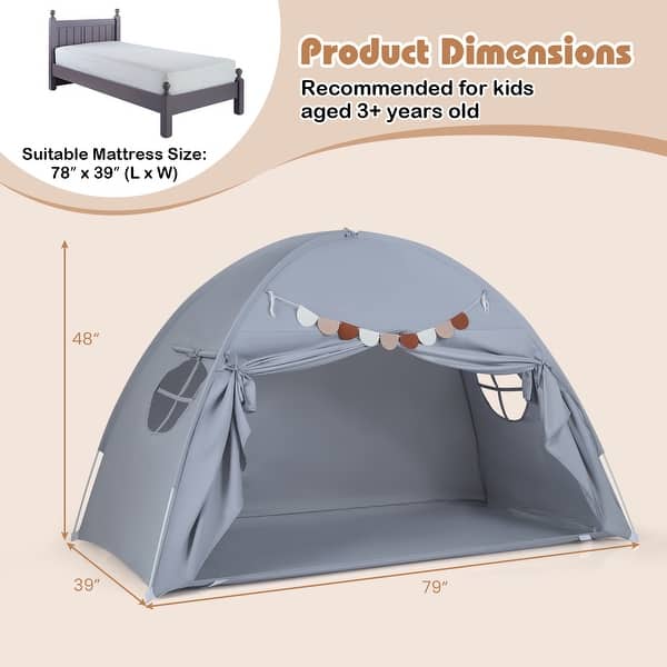dimension image slide 0 of 2, Gymax Twin Full Size Bed Tent w/2 Windows Flags for Boys & Girls Aged