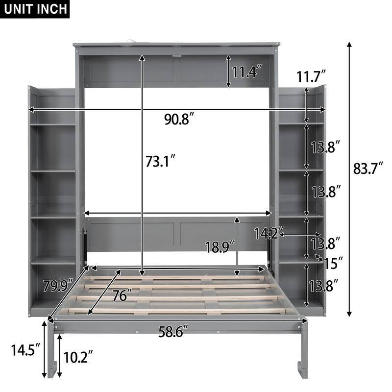 Wooden Murphy Bed Hidden Wall Bed with Open Shelves and Top LED Lights, Folding Platform Bed Cabinet, Murphy Beds Chest