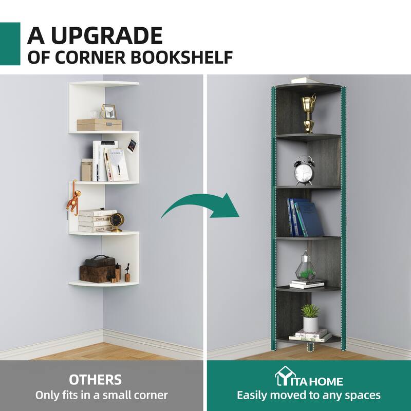 Herrell 5-Tier Corner Bookshelf 68" Tall Modern Free Standing Zigzag Corner Bookcase