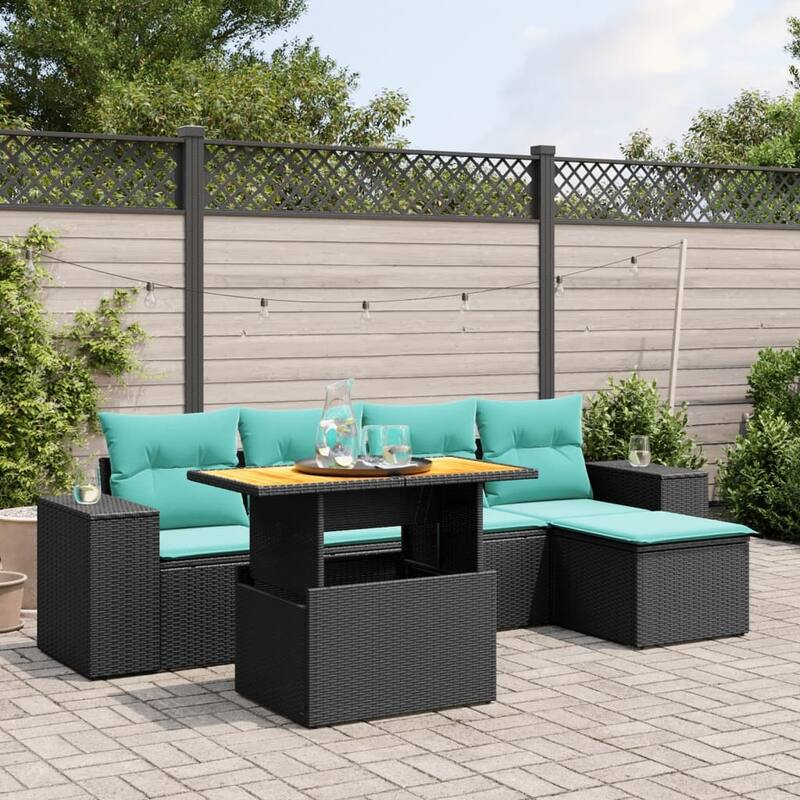 vidaXL Patio Sofa Set with Cushions Outdoor Furniture 6 Piece Poly Rattan - Black - 21.7 x 21.7 x 14.6