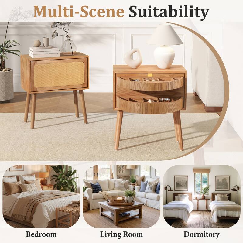 Rotating Hidden Compartment Nightstand for Bedroom, Mid Century Modern Rattan Bedside Table End Table with Wood Legs