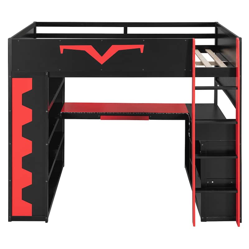 Full Size Gaming Loft Bed with Desk & RGB LED Lights, Pro-Gamer Setup with Pegboard, Keyboard Tray & Storage