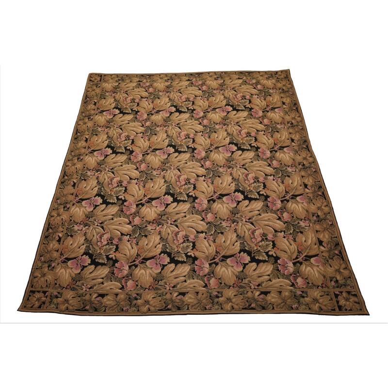8x10 Hand Woven Wool Black French Aubusson Needlepoint Classic Rug - 8' x 10'