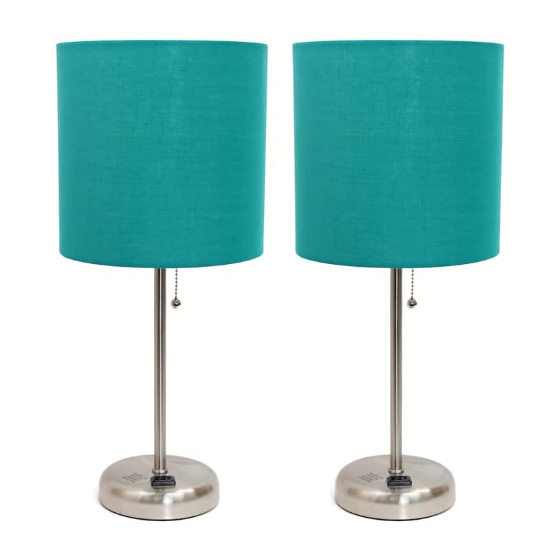 Simple Designs 19.5" 2 Pack Table Desk Lamp Set with Charging Outlet - 19.50 - Brushed Steel/Teal Shade