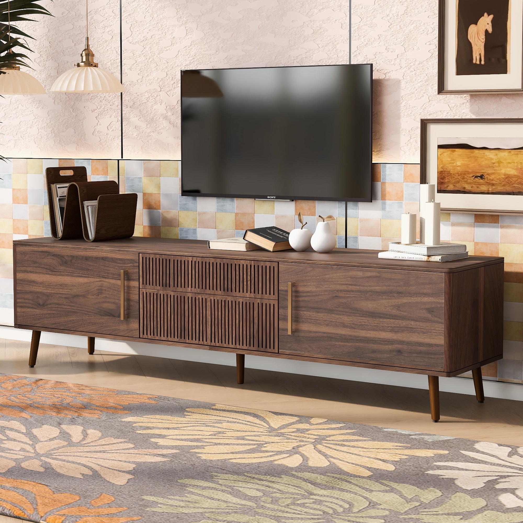 Mid Century Modern Walnut TV Stand Entertainment Center for TVs up to 80", Media Console Table TV Cabinet with 2 Drawers