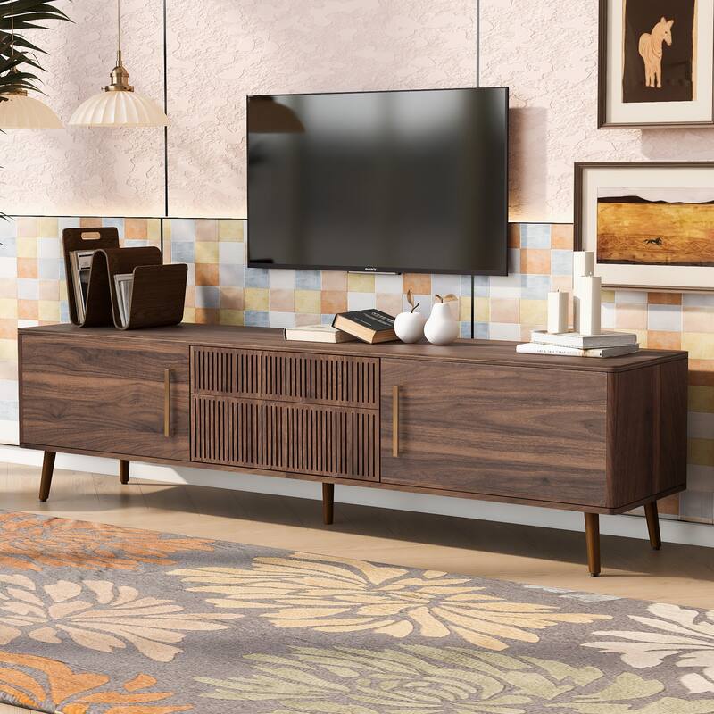 Mid Century TV Stand Media Console, for TVs up to 80" with 2 Drawers & 2 Storage Cabinets, for Living Room, Bedroom
