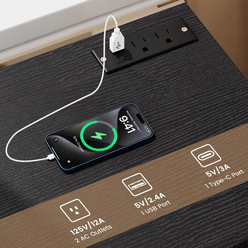 Costway 1/2 PCS Nightstand with Charging Station, 3 Storage Drawers