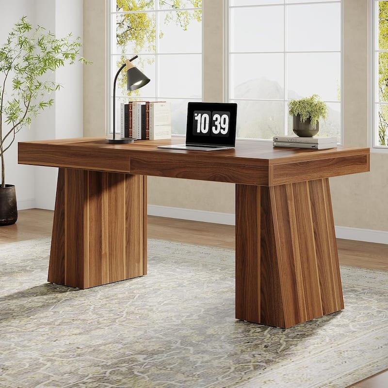 55" Executive Desk, Office Desk with Double Pedestal for Home Office - Medium Brown