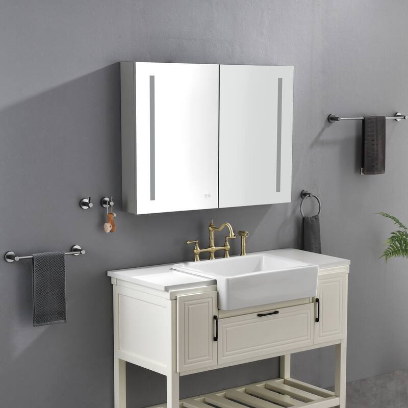 40in. W x 30 in. H LED Large Rectangular Aluminum Alloy Surface Mount Medicine Cabinet with Mirror - Metallic Grey