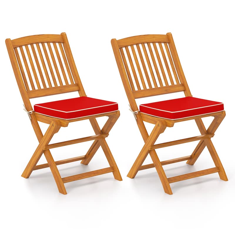Set of 2 Acacia Wood Folding Chairs with Cushioned Seats for Outdoor Dining and Camping - 18.5" x 23.5" x 33.5" - Red