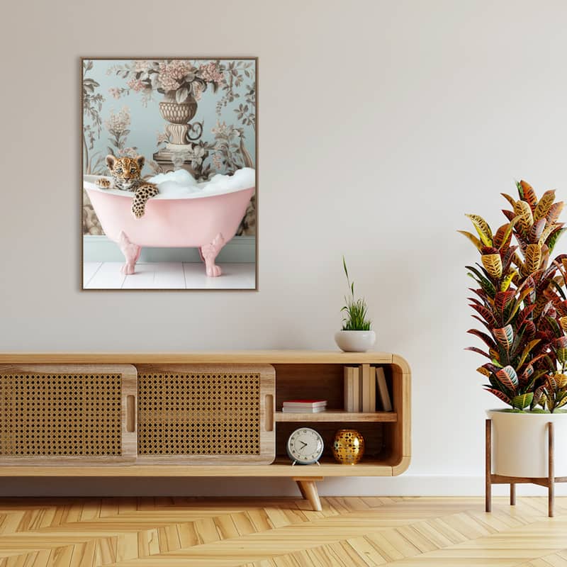 Leopard Pink Bubble Bath by Niky Rahner Framed Canvas Wall Art