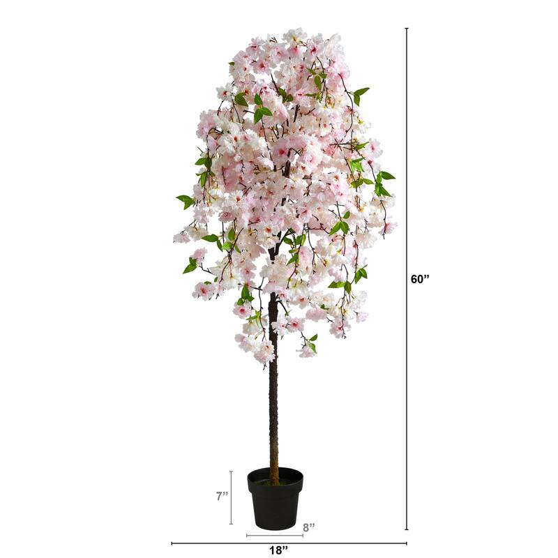 Artificial Cherry Blossom Tree 5ft - Indoor Decor, Pink & White Flowers, Compact Space Tree, Home Accent - Green - 51-60 Inches