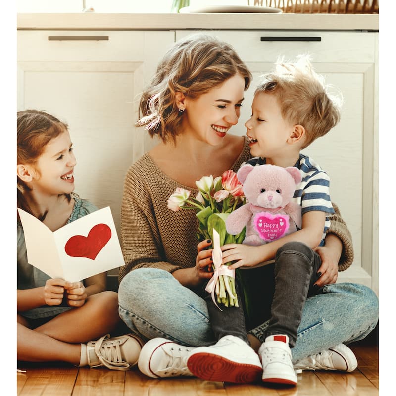 DolliBu Mother’s Day Super Soft Plush Baby Pink Bear With Pink Heart - 8 inches