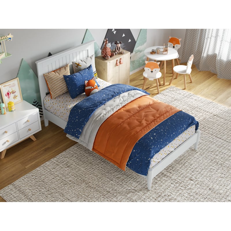 Low Profile Wood Platform Bed - Twin Size, USB Charger, Modern Design, Solid Frame, White Finish