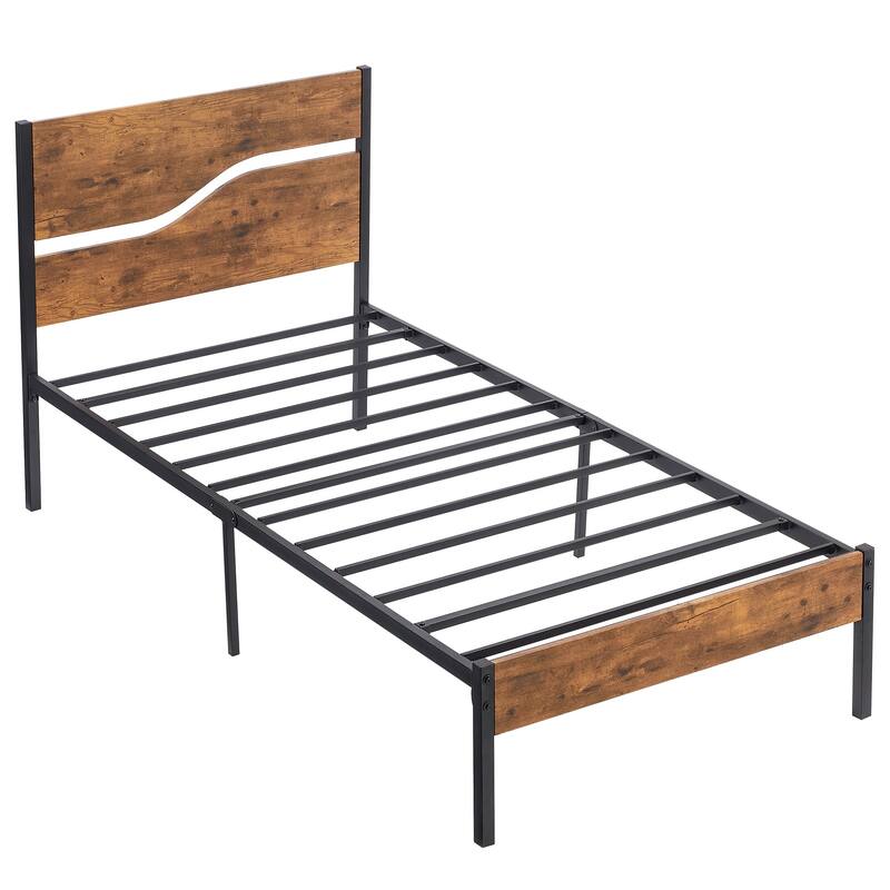 VECELO Beds Industrial Platform Bed Frame with Wood Headboard,Easy Set up