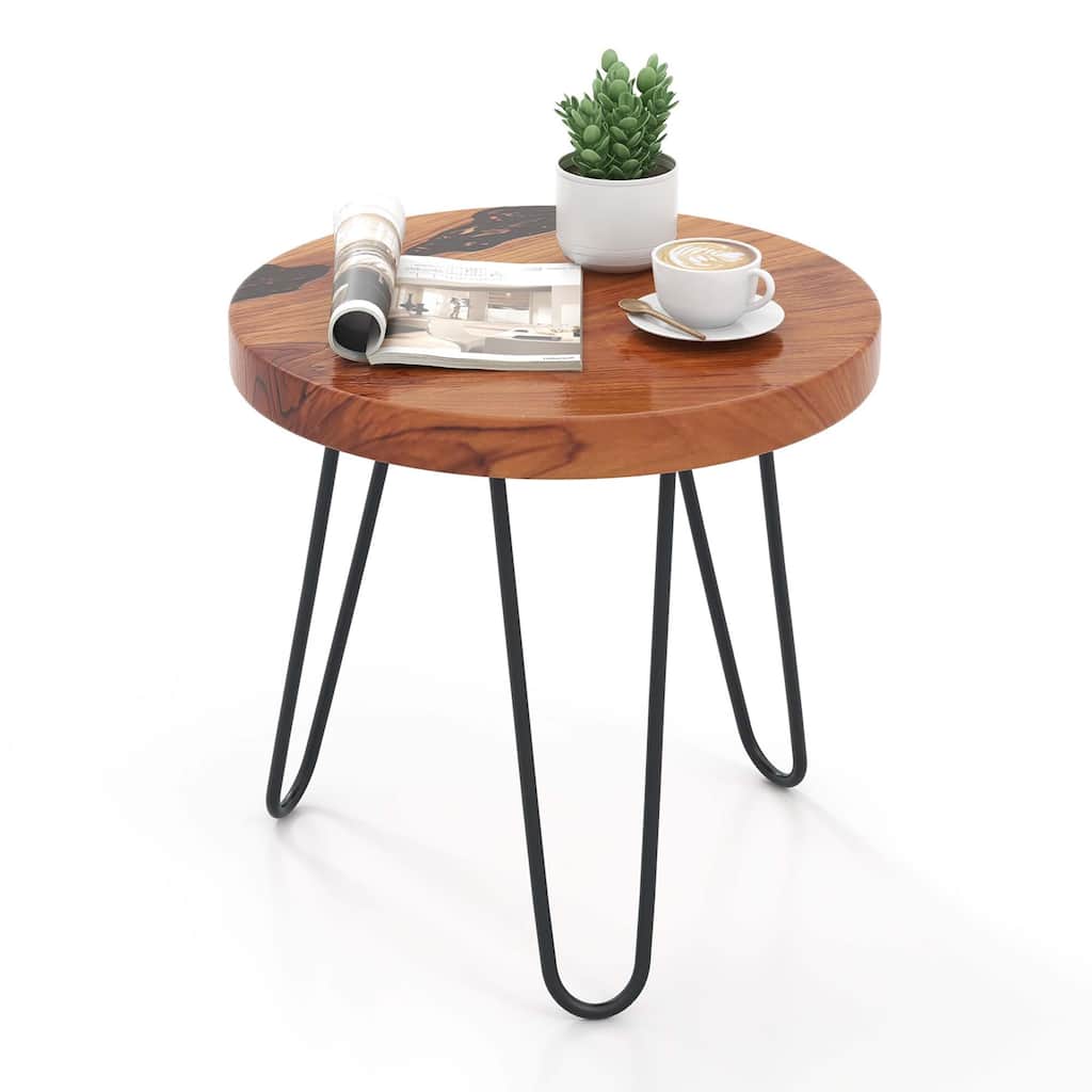 Costway 20" Round Teak Wood End Table Solid Live Edge Outdoor Side - See Details