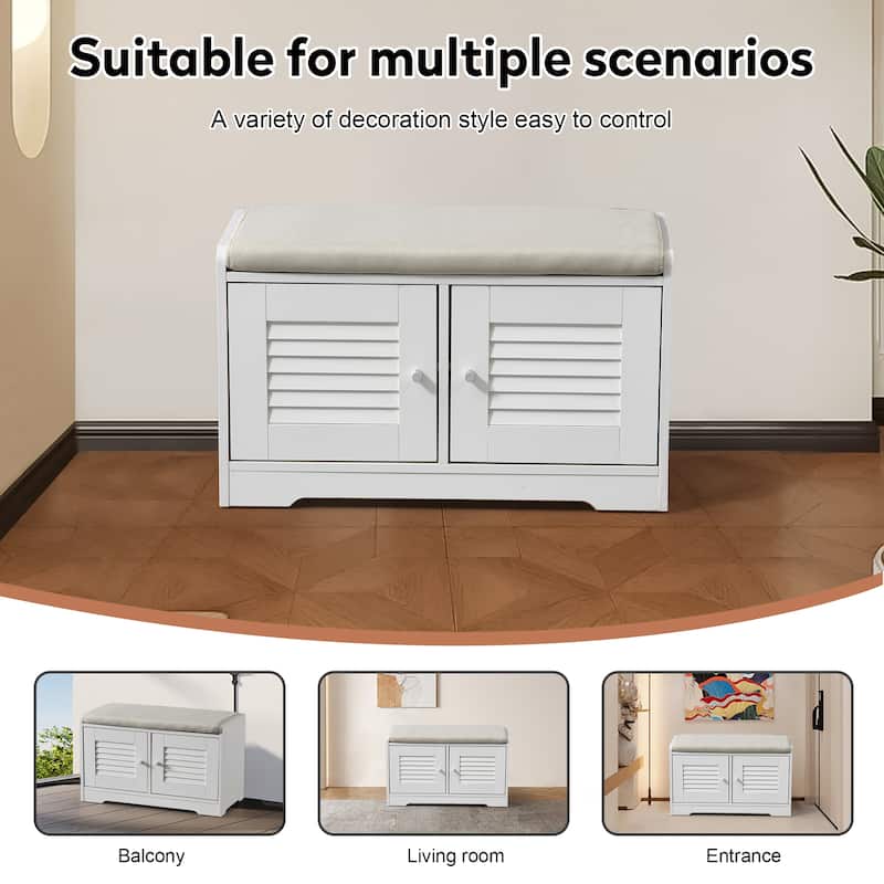 Entryway Shoe Bench Cabinet with Louvered Doors, Soft Cushion Seat and Adjustable Storage Shelves, for Hallway, Porch, Mudroom