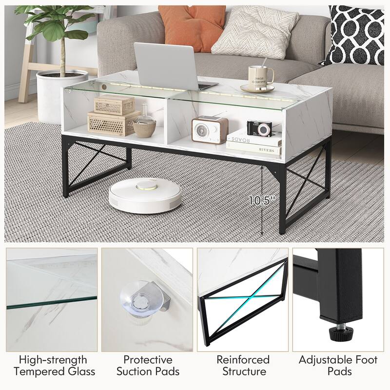 Gymax High-gloss LED Coffee Table w/ Faux Marble & Tempered Glass Top
