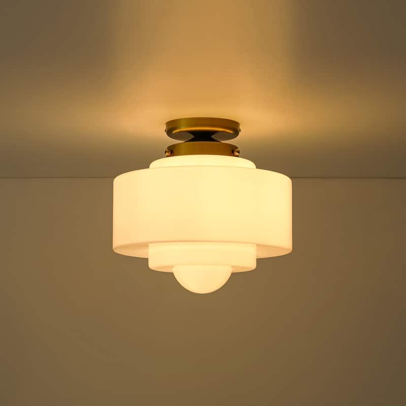 1-Light Mid-Century Modern Gold Cake-Shaped Semi-Flush Mount Ceiling Light with Opal Glass Shade for Bedroom, Kitchen
