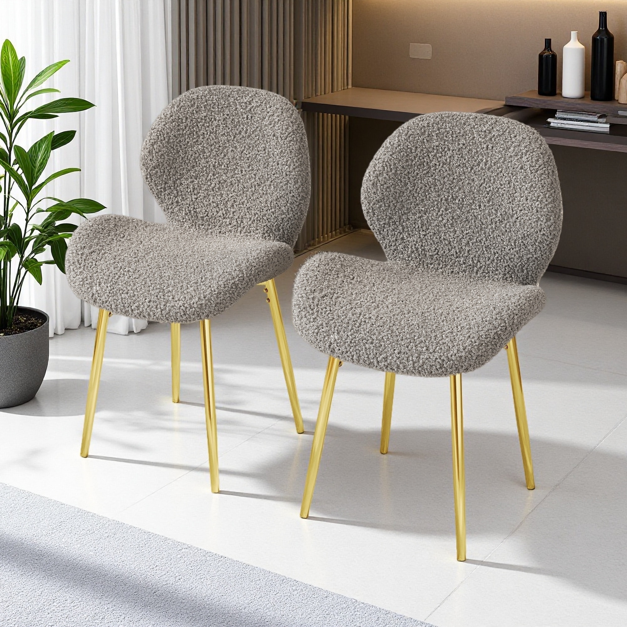 33"H Set of 2 Modern Minimalist Teddy Velvet Dining Chairs with Metal Legs, Shell Backrest & Ergonomic Design - Durable Seating