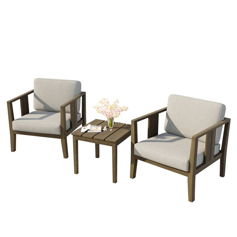 Teak Wood Upholstery Water-resistant Outdoor Armchair and Side Table Set (Set of 3)