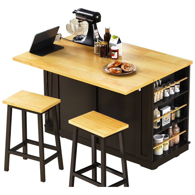 48'' Large Kitchen Island with Drop Leaf, Power Outlet, Rolling Wheels, and 5 Open Side Racks - 48'' x 29.75'' x 36.75''