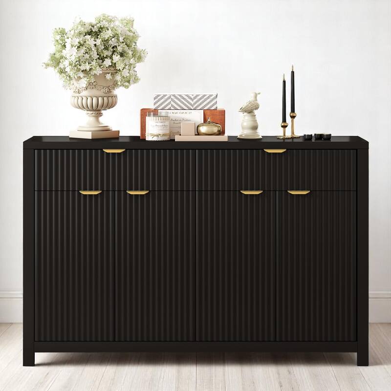 Wave-Grain Sideboard Buffet Cabinet with Drawers and Adjustable Shelves, 55in Console Table with Aluminum Handles - Black