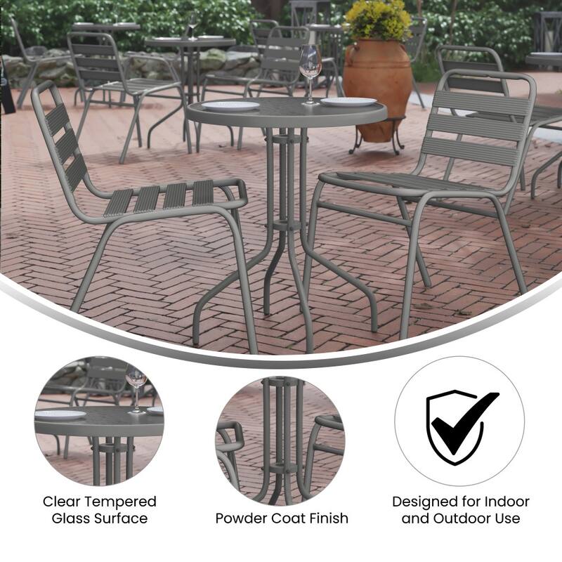 23.75" Round Tempered Glass Metal Table with Smooth Ripple Design Top