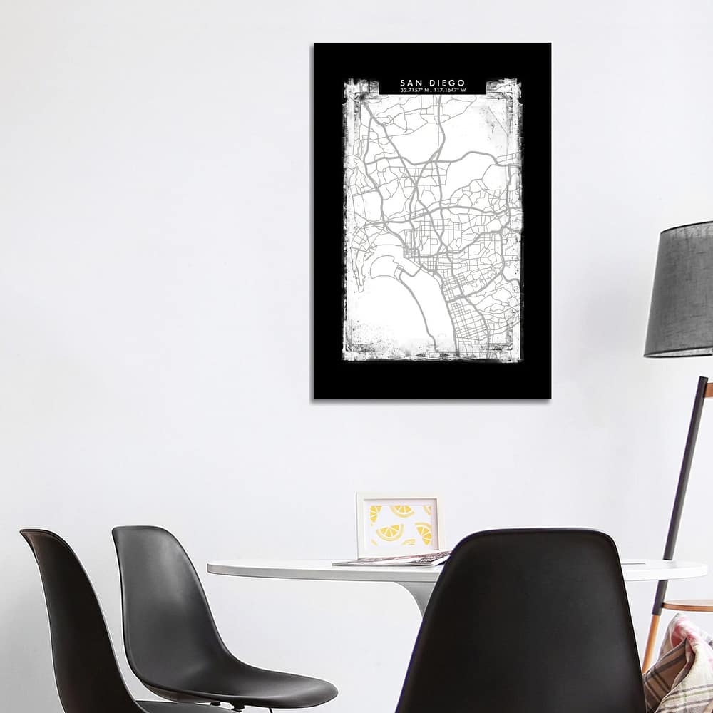 iCanvas "San Diego City Map Black White Grey Style" by WallDecorAddict Canvas Print