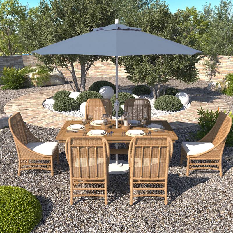 California Umbrella 9' Round Crank Lift Push Button Tilt White Aluminum Patio Umbrella Sunbrella - Air Blue