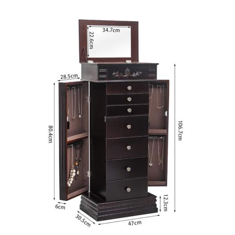 Stylish Jewelry Armoire with Mirror and Necklace Hooks - 18.5” x 12” x 42"