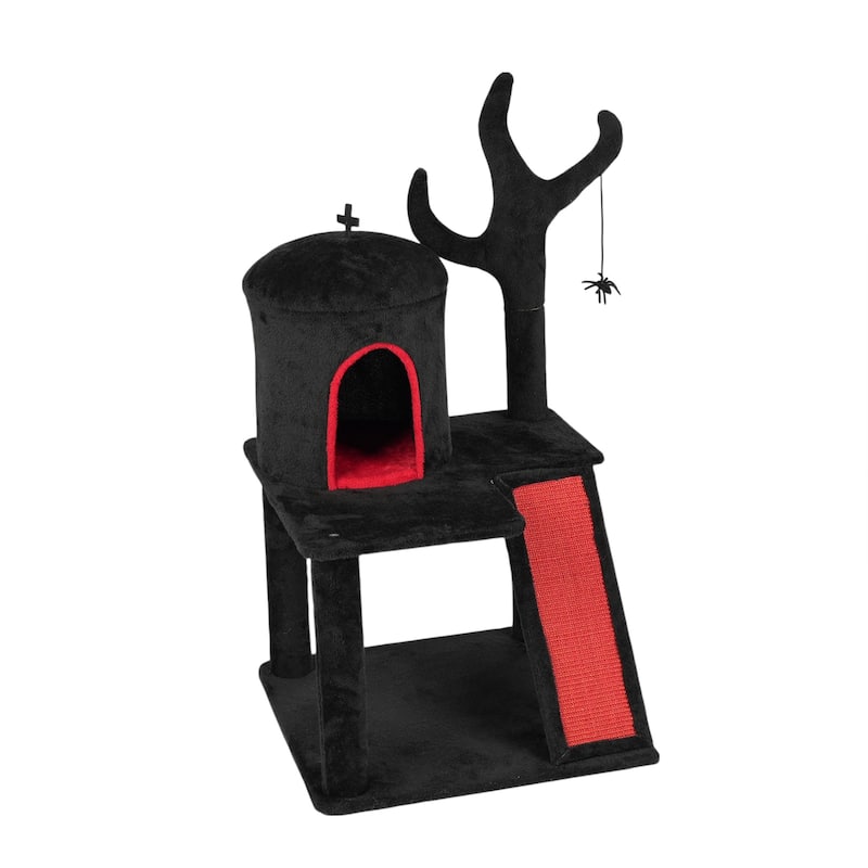 42" Gothic Cat Tree with Red Black Condo and Sisal Scratching Posts Ladder and Spider Toy