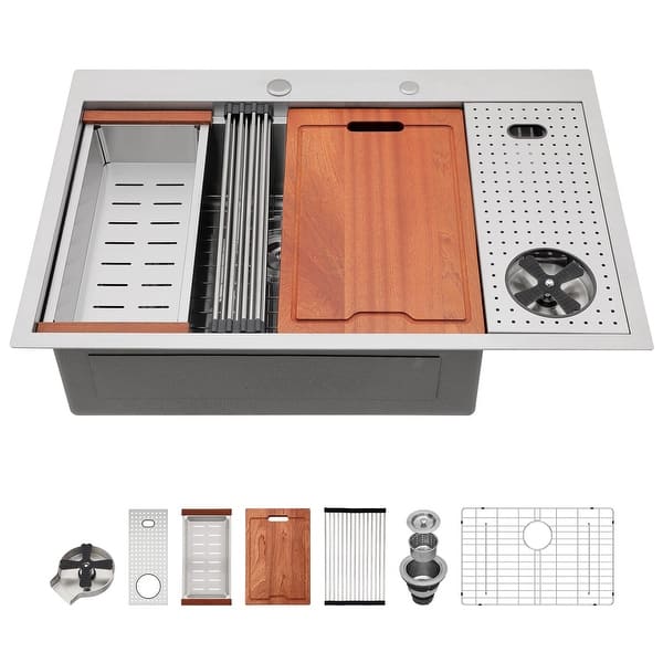 slide 2 of 9, 33 in. Drop-In/Topmount Single Bowl 16 Gauge Brushed Nickel Stainless Steel Workstation Kitchen Sink with Glass Rinser Silver