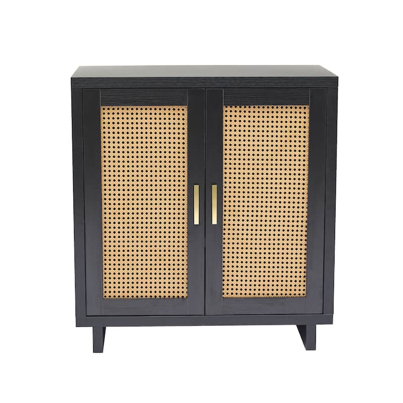 Wood Accent Cabinet Sideboard Buffet with Rattan Doors