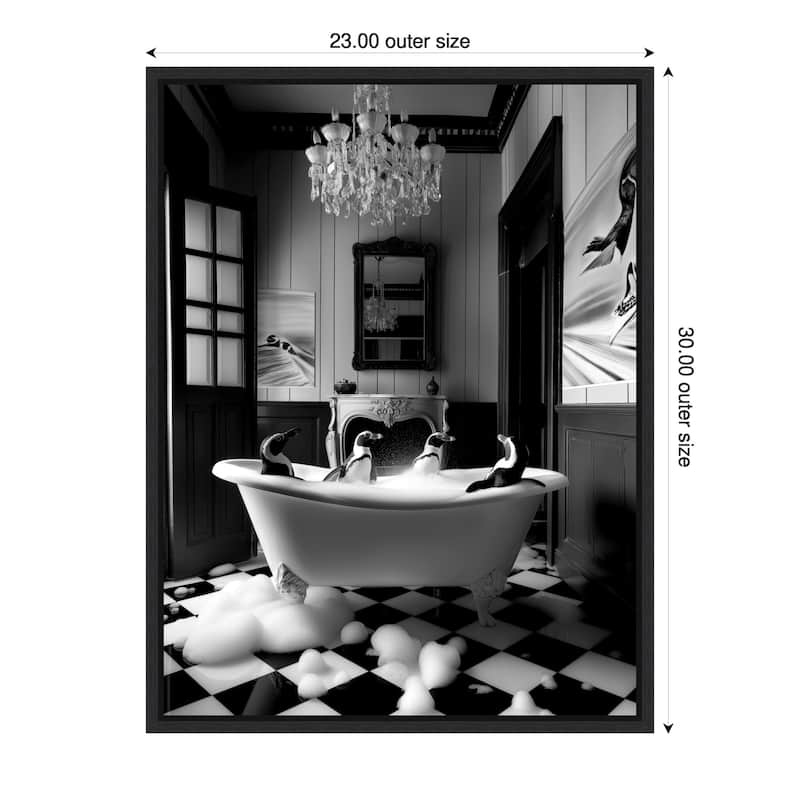Penguin Spa Day by Niky Rahner Framed Canvas Wall Art - 23 x 30 in