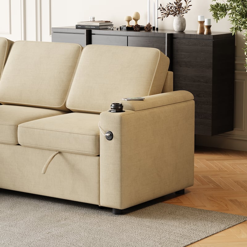 Beige 85.8" Sleeper Sectional Sofa with Storage Chaise, Armrest, Charging Port