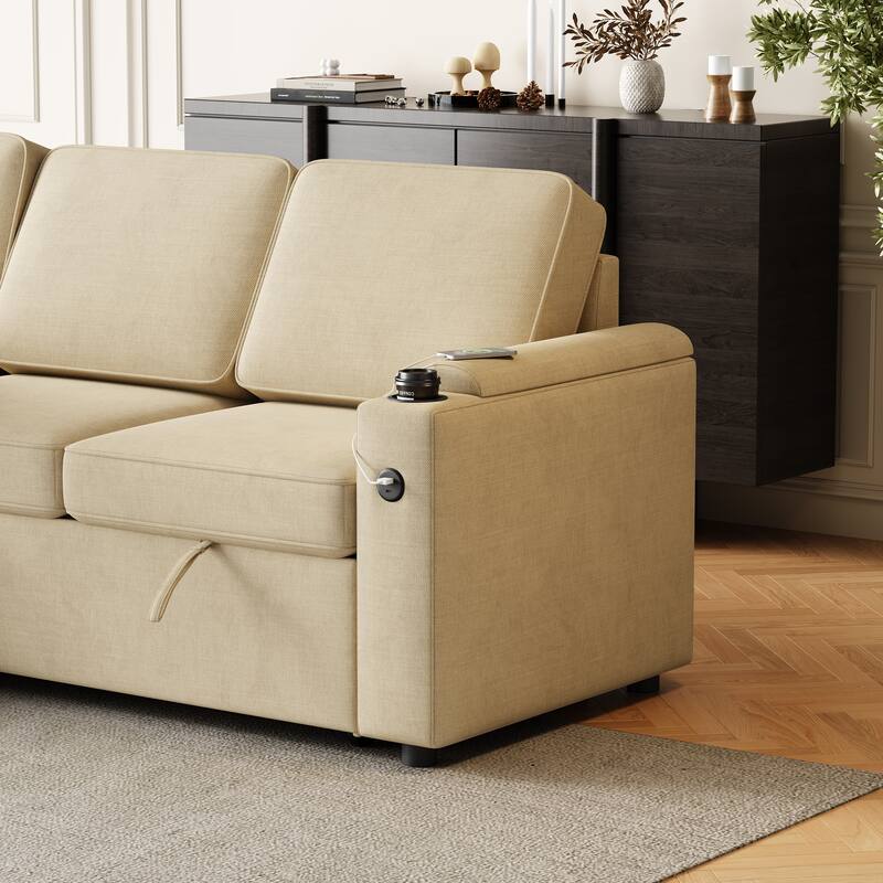 Sleeper Sofa with Storage, Cup Holder and USB Charging Port,Couch with Pull Out Bed, Daybed for Living Room Bedroom