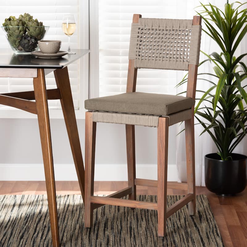 Heyna Transitional Grey Woven Rope Mahogany Counter Stool