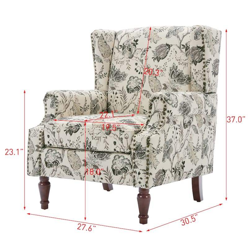Traditional Floral Patterned Wingback Armchair with Nailhead Trim