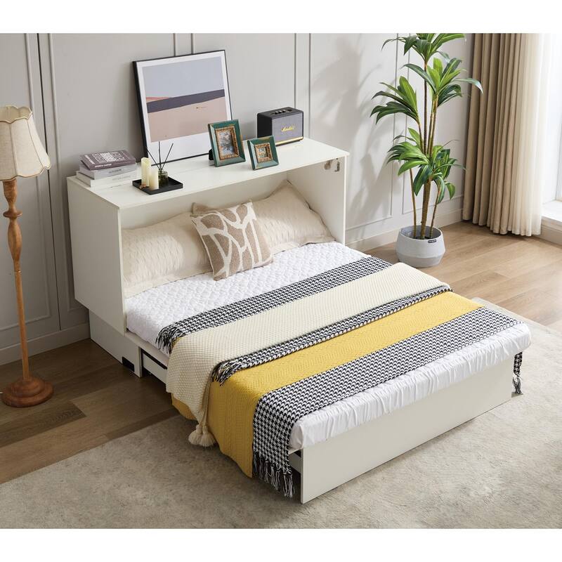 Queen Size Murphy Bed Cabinet with Storage Drawer, Folding Foam Mattress, USB & AC Charging Ports, and Smooth Glide Mechanism